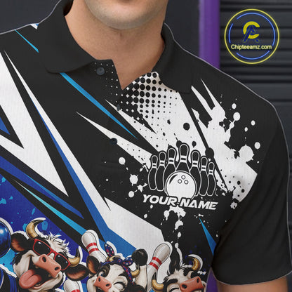 Custom Blue Funny Cows Bowling Team Men Polo Shirt, Bowling League Shirt IPHW12820