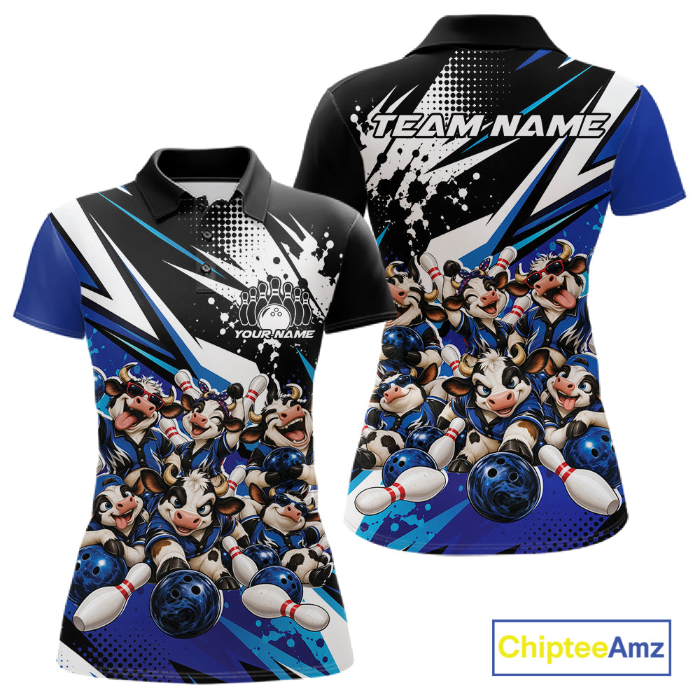 Custom Blue Funny Cows Bowling Team Women Polo Shirt, Bowling League Shirt IPHW12820