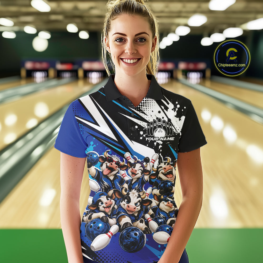 Custom Blue Funny Cows Bowling Team Women Polo Shirt, Bowling League Shirt IPHW12820