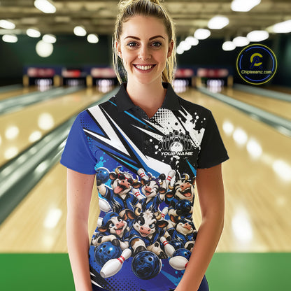 Custom Blue Funny Cows Bowling Team Women Polo Shirt, Bowling League Shirt IPHW12820
