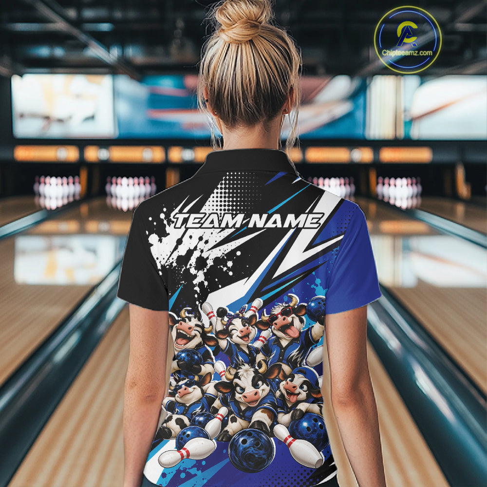 Custom Blue Funny Cows Bowling Team Women Polo Shirt, Bowling League Shirt IPHW12820