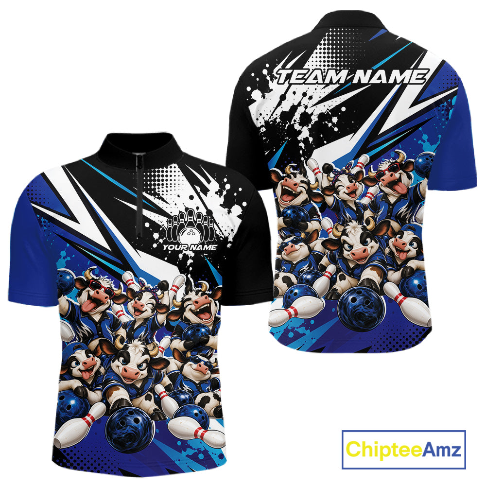 Custom Blue Funny Cows Bowling Team Men Quarter Zip Shirt, Bowling League Shirt IPHW12820