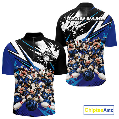 Custom Blue Funny Cows Bowling Team Men Quarter Zip Shirt, Bowling League Shirt IPHW12820