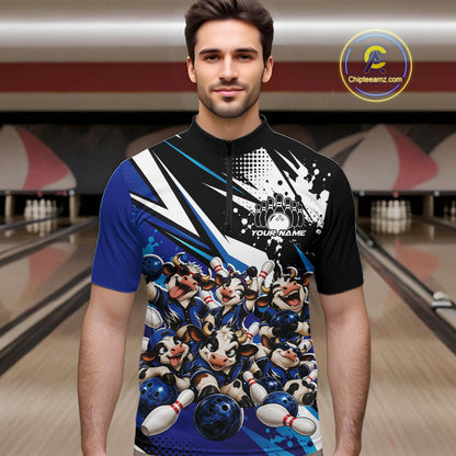 Custom Blue Funny Cows Bowling Team Men Quarter Zip Shirt, Bowling League Shirt IPHW12820