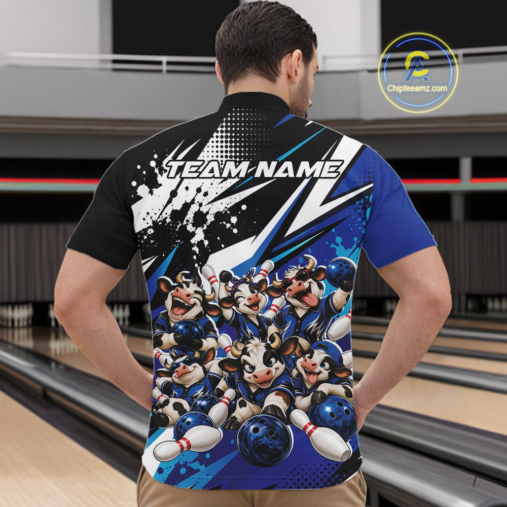 Custom Blue Funny Cows Bowling Team Men Quarter Zip Shirt, Bowling League Shirt IPHW12820