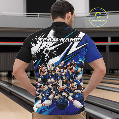 Custom Blue Funny Cows Bowling Team Men Quarter Zip Shirt, Bowling League Shirt IPHW12820