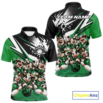 Custom Green Funny Cows Bowling Team Men Polo Shirt, Bowling League Shirt IPHW12821