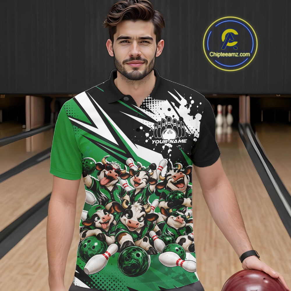 Custom Green Funny Cows Bowling Team Men Polo Shirt, Bowling League Shirt IPHW12821