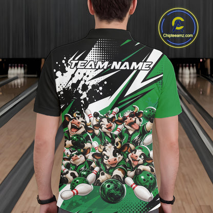 Custom Green Funny Cows Bowling Team Men Polo Shirt, Bowling League Shirt IPHW12821