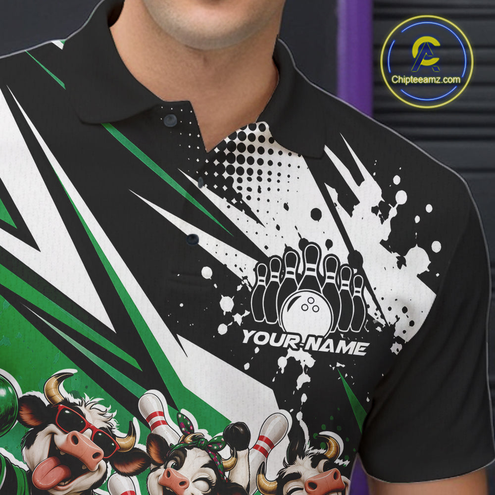 Custom Green Funny Cows Bowling Team Men Polo Shirt, Bowling League Shirt IPHW12821