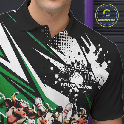 Custom Green Funny Cows Bowling Team Men Polo Shirt, Bowling League Shirt IPHW12821
