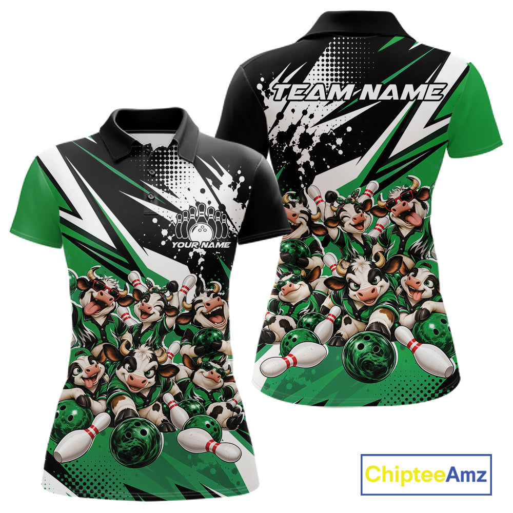 Custom Green Funny Cows Bowling Team Women Polo Shirt, Bowling League Shirt IPHW12821