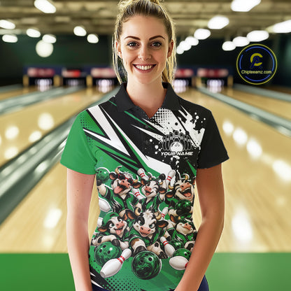 Custom Green Funny Cows Bowling Team Women Polo Shirt, Bowling League Shirt IPHW12821