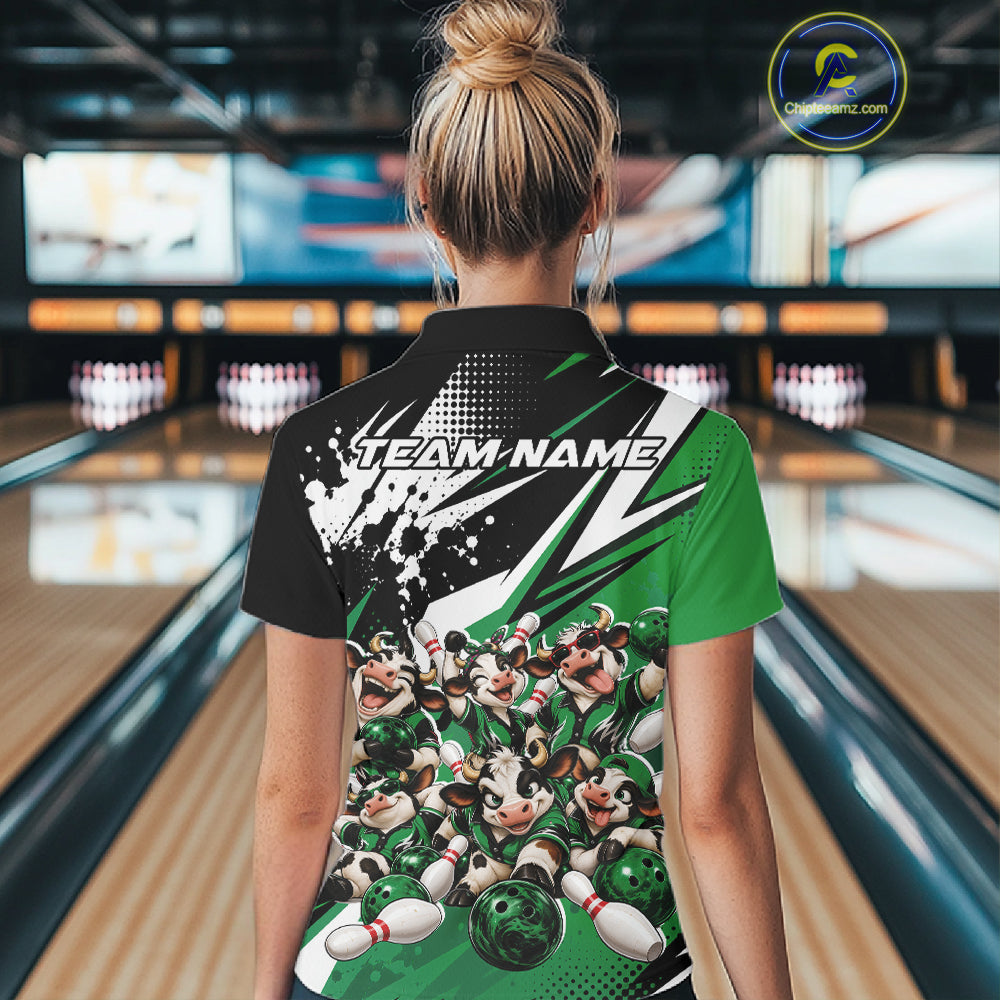 Custom Green Funny Cows Bowling Team Women Polo Shirt, Bowling League Shirt IPHW12821