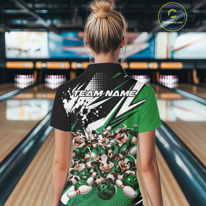 Custom Green Funny Cows Bowling Team Women Polo Shirt, Bowling League Shirt IPHW12821