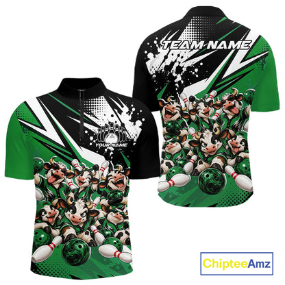 Custom Green Funny Cows Bowling Team Men Quarter Zip Shirt, Bowling League Shirt IPHW12821