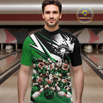 Custom Green Funny Cows Bowling Team Men Quarter Zip Shirt, Bowling League Shirt IPHW12821