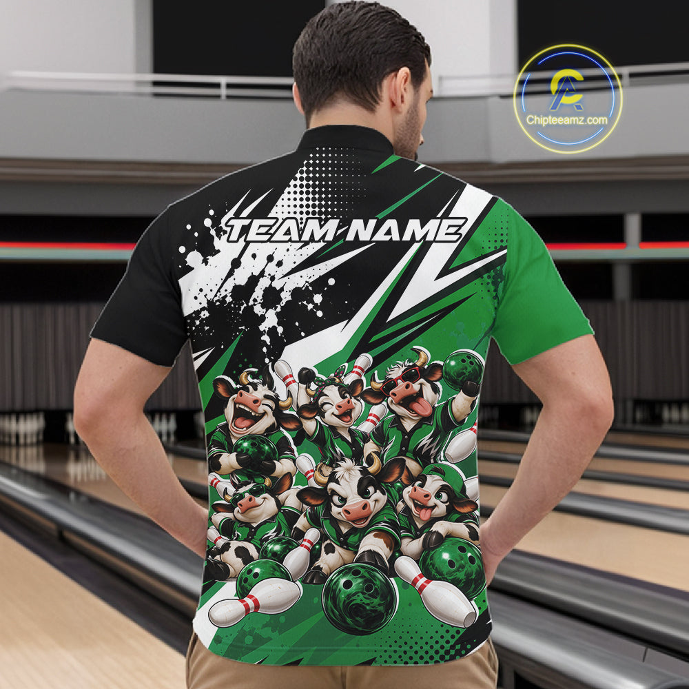 Custom Green Funny Cows Bowling Team Men Quarter Zip Shirt, Bowling League Shirt IPHW12821