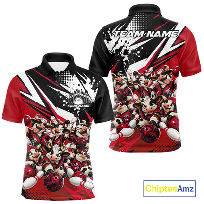 Custom Red Funny Cows Bowling Team Men Polo Shirt, Bowling League Shirt IPHW12822