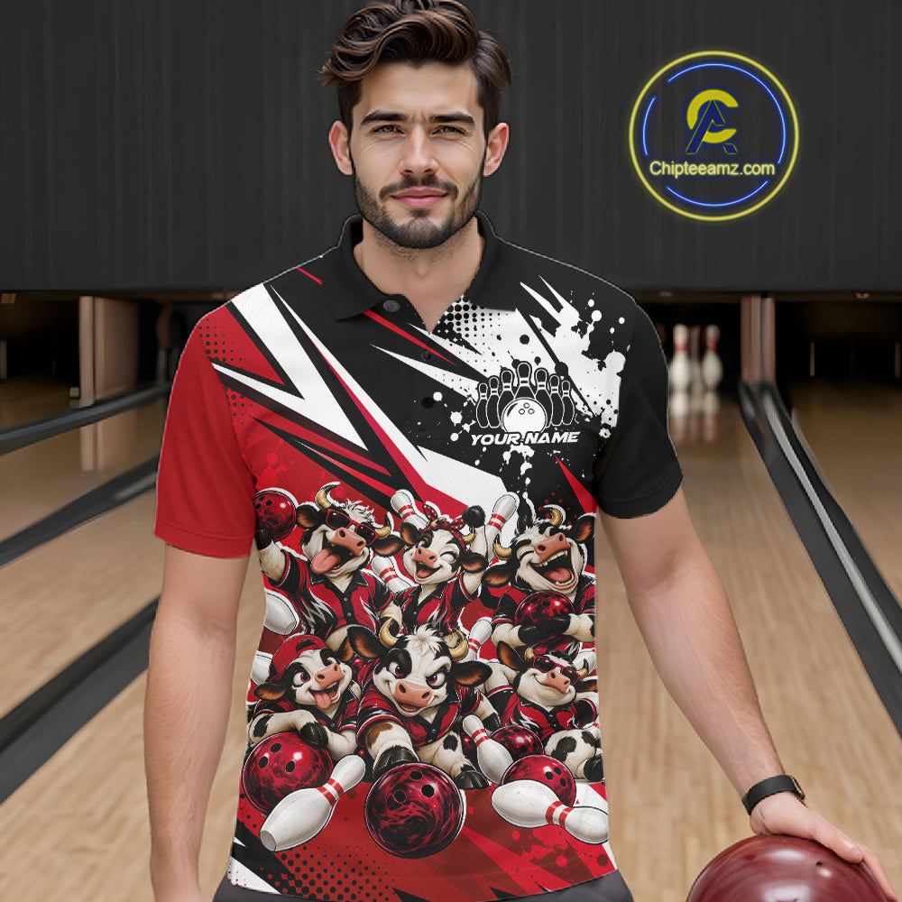 Custom Red Funny Cows Bowling Team Men Polo Shirt, Bowling League Shirt IPHW12822