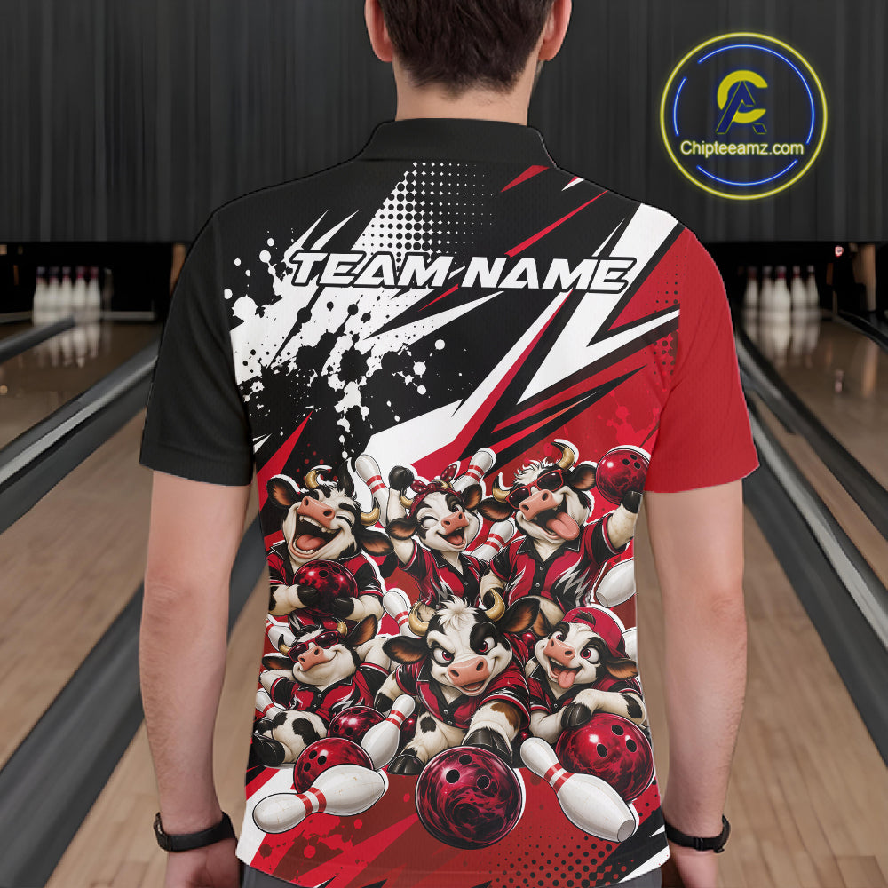 Custom Red Funny Cows Bowling Team Men Polo Shirt, Bowling League Shirt IPHW12822