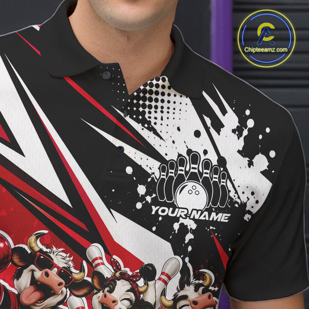 Custom Red Funny Cows Bowling Team Men Polo Shirt, Bowling League Shirt IPHW12822
