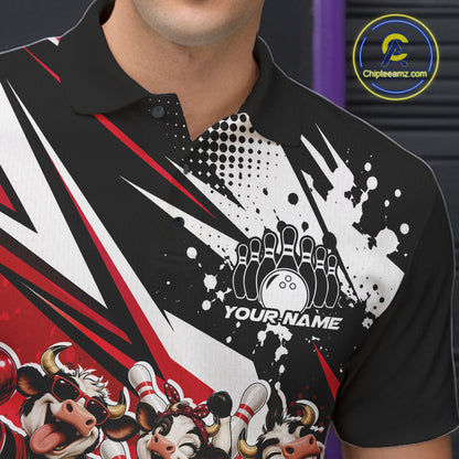 Custom Red Funny Cows Bowling Team Men Polo Shirt, Bowling League Shirt IPHW12822
