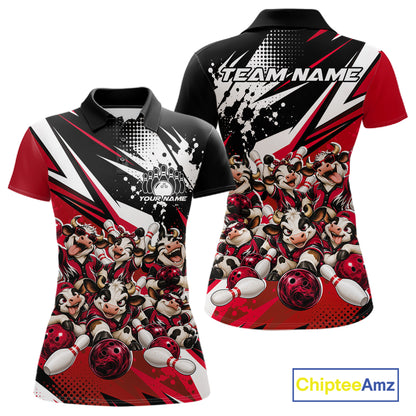 Custom Red Funny Cows Bowling Team Women Polo Shirt, Bowling League Shirt IPHW12822