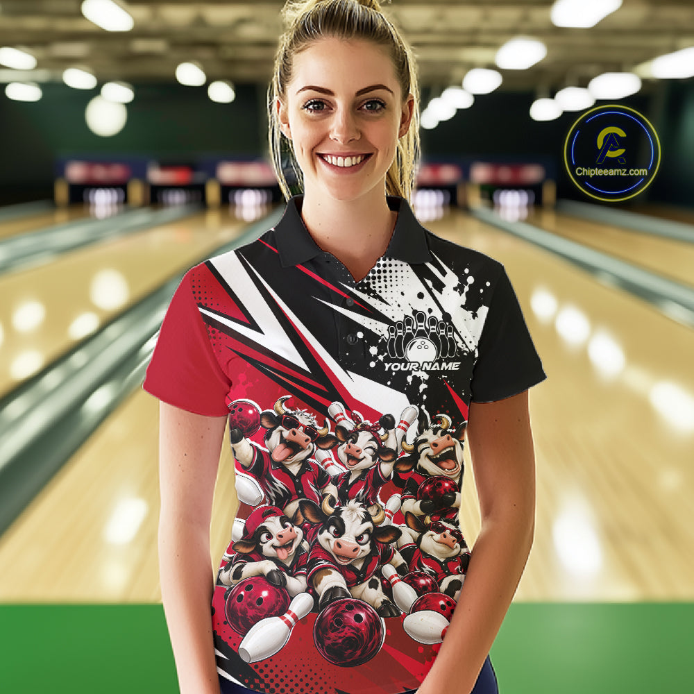 Custom Red Funny Cows Bowling Team Women Polo Shirt, Bowling League Shirt IPHW12822