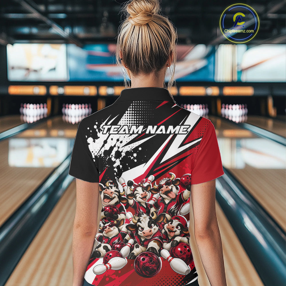 Custom Red Funny Cows Bowling Team Women Polo Shirt, Bowling League Shirt IPHW12822