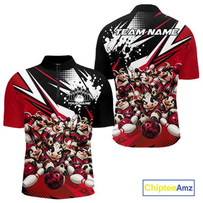 Custom Red Funny Cows Bowling Team Men Quarter Zip Shirt, Bowling League Shirt IPHW12822
