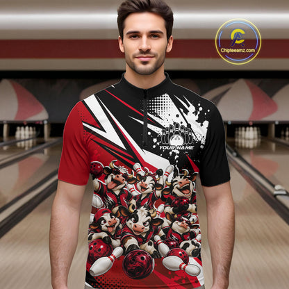 Custom Red Funny Cows Bowling Team Men Quarter Zip Shirt, Bowling League Shirt IPHW12822