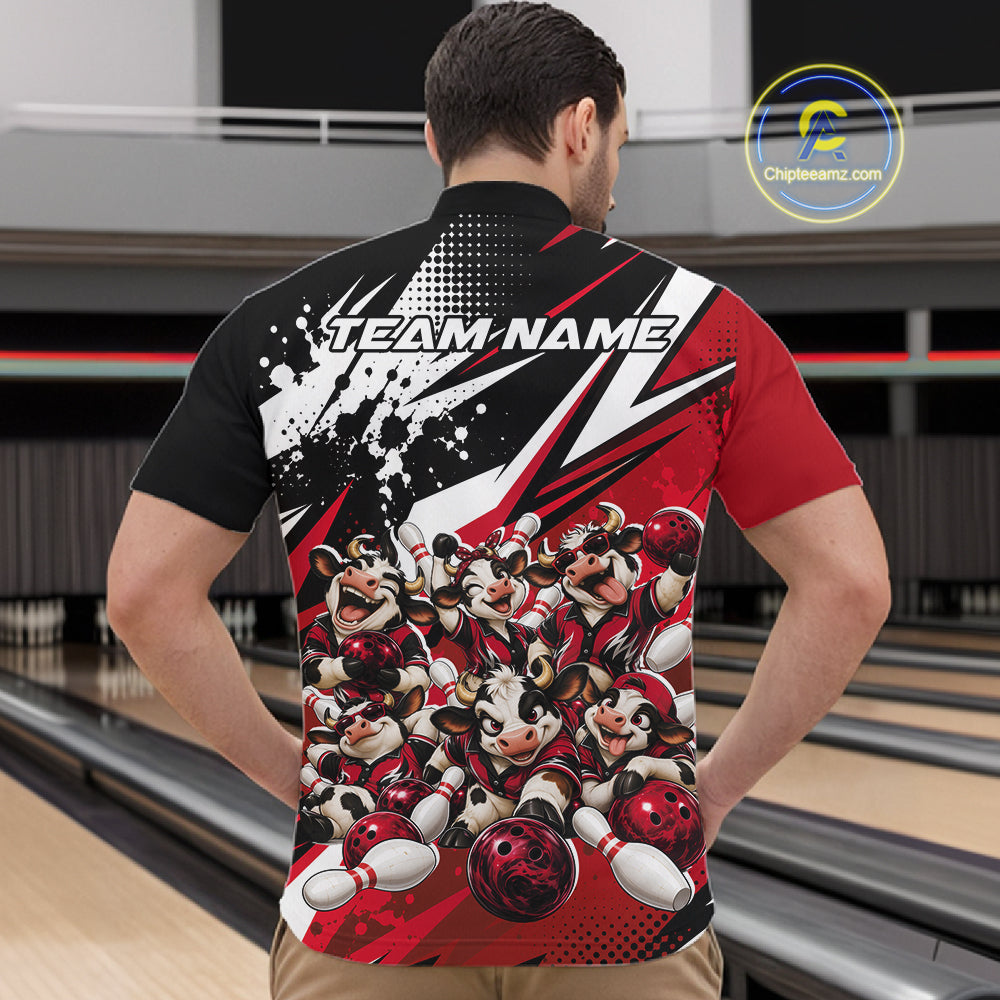 Custom Red Funny Cows Bowling Team Men Quarter Zip Shirt, Bowling League Shirt IPHW12822