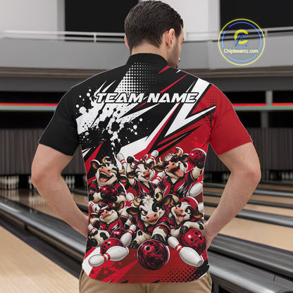 Custom Red Funny Cows Bowling Team Men Quarter Zip Shirt, Bowling League Shirt IPHW12822