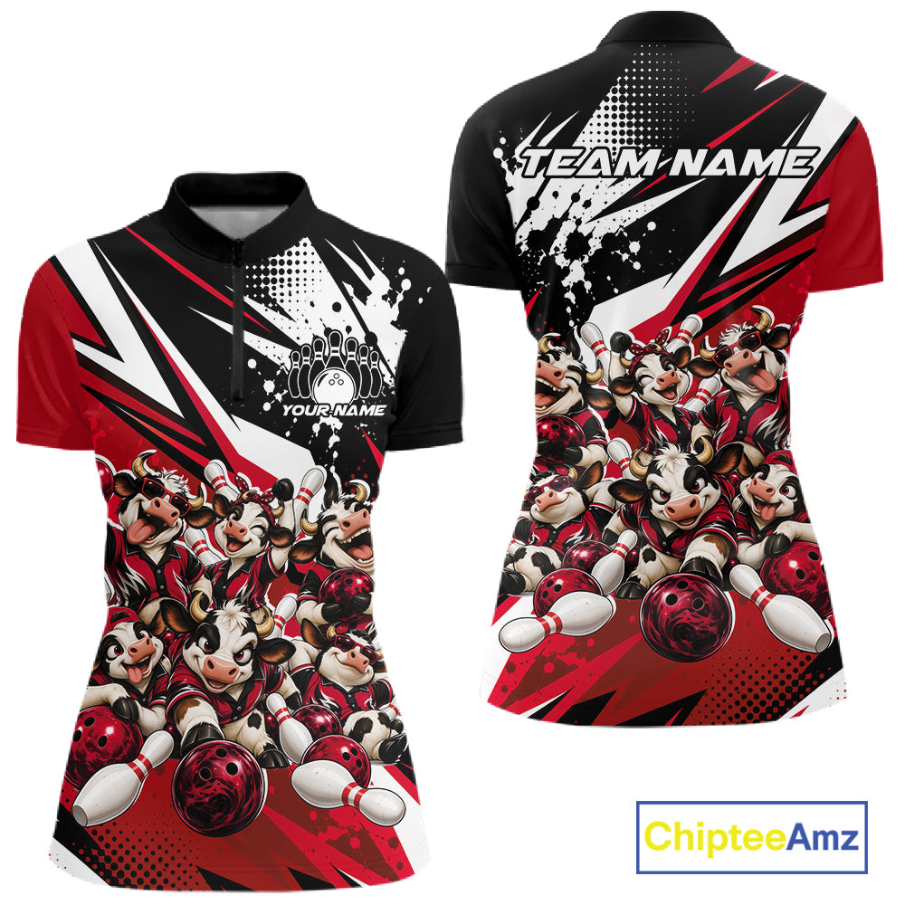 Custom Red Funny Cows Bowling Team Women Quarter-Zip Shirt, Bowling League Shirt IPHW12822