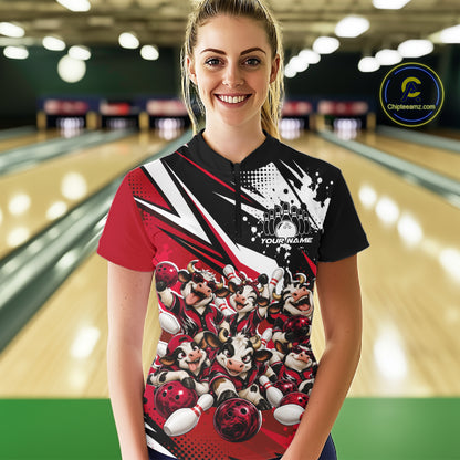 Custom Red Funny Cows Bowling Team Women Quarter-Zip Shirt, Bowling League Shirt IPHW12822