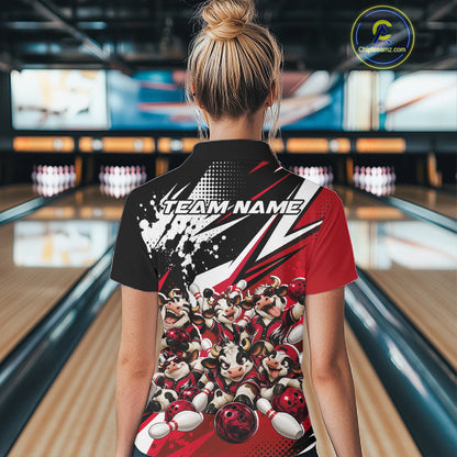 Custom Red Funny Cows Bowling Team Women Quarter-Zip Shirt, Bowling League Shirt IPHW12822