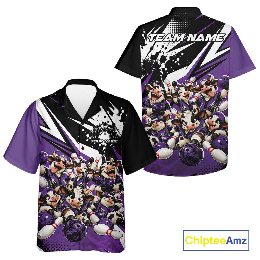 Custom Purple Funny Cows Bowling Team Men And Women Button Up Shirt, Bowling League Shirt IPHW12823