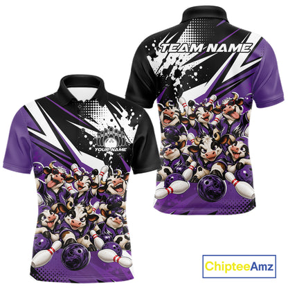 Custom Purple Funny Cows Bowling Team Men Polo Shirt, Bowling League Shirt IPHW12823