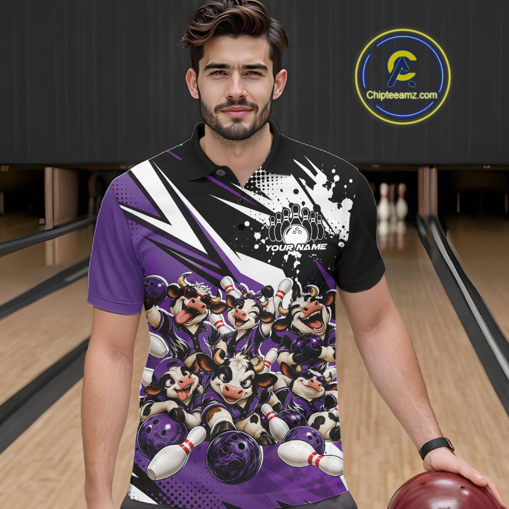Custom Purple Funny Cows Bowling Team Men Polo Shirt, Bowling League Shirt IPHW12823
