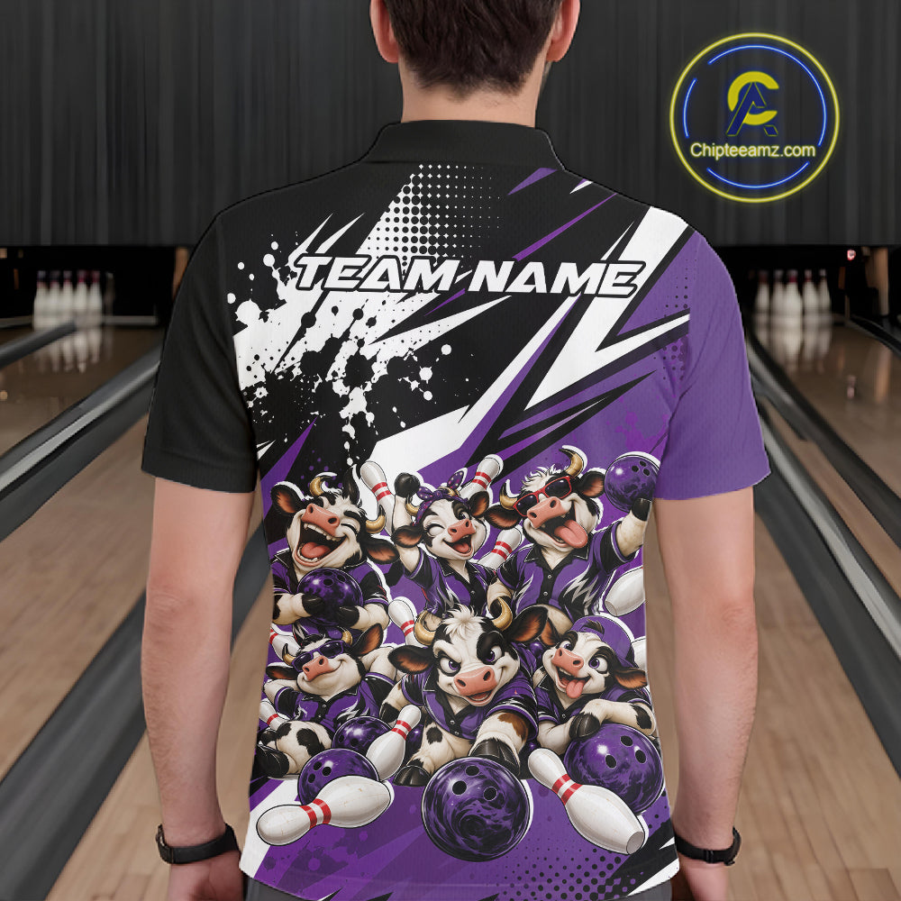 Custom Purple Funny Cows Bowling Team Men Polo Shirt, Bowling League Shirt IPHW12823
