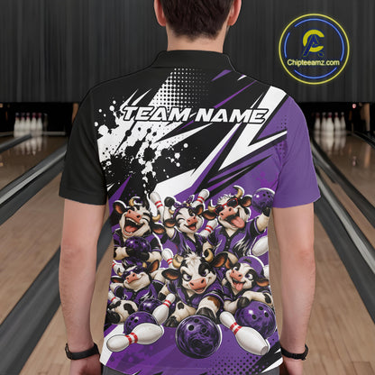 Custom Purple Funny Cows Bowling Team Men Polo Shirt, Bowling League Shirt IPHW12823
