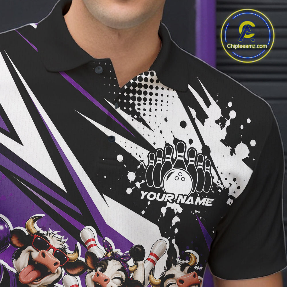 Custom Purple Funny Cows Bowling Team Men Polo Shirt, Bowling League Shirt IPHW12823