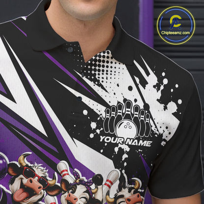 Custom Purple Funny Cows Bowling Team Men Polo Shirt, Bowling League Shirt IPHW12823