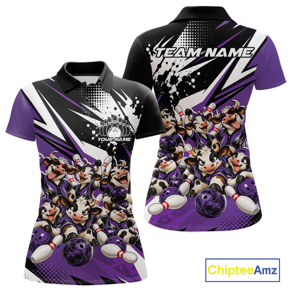 Custom Purple Funny Cows Bowling Team Women Polo Shirt, Bowling League Shirt IPHW12823