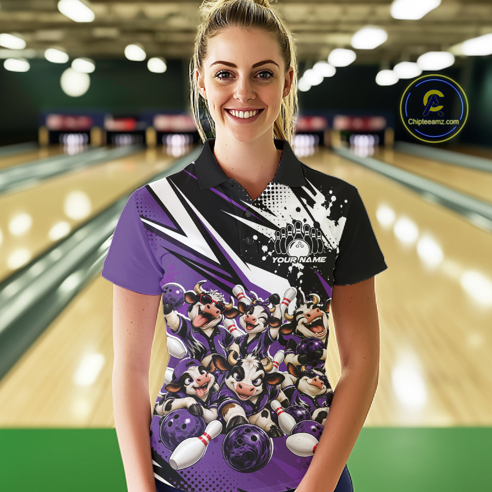 Custom Purple Funny Cows Bowling Team Women Polo Shirt, Bowling League Shirt IPHW12823