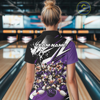 Custom Purple Funny Cows Bowling Team Women Polo Shirt, Bowling League Shirt IPHW12823