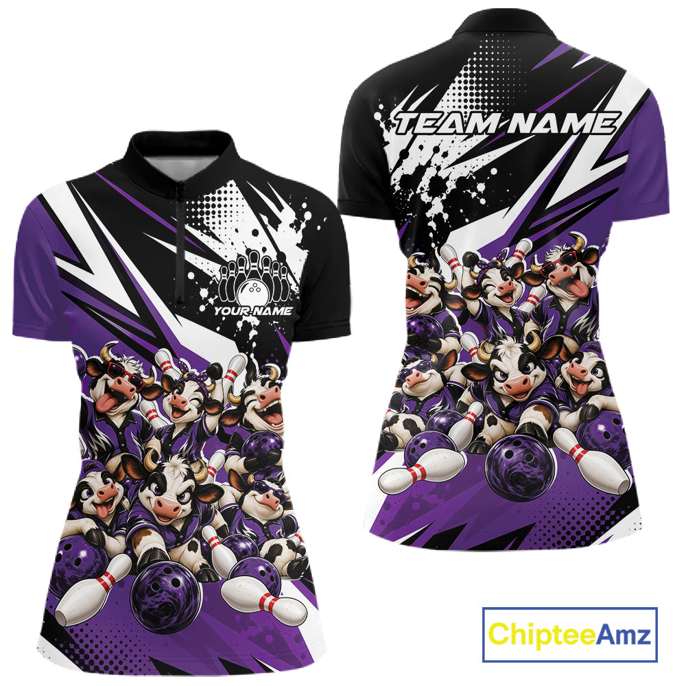Custom Purple Funny Cows Bowling Team Women Quarter-Zip Shirt, Bowling League Shirt IPHW12823