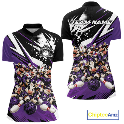 Custom Purple Funny Cows Bowling Team Women Quarter-Zip Shirt, Bowling League Shirt IPHW12823