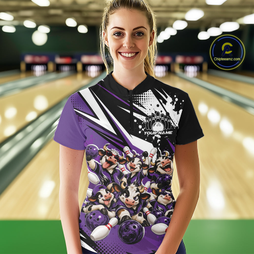 Custom Purple Funny Cows Bowling Team Women Quarter-Zip Shirt, Bowling League Shirt IPHW12823